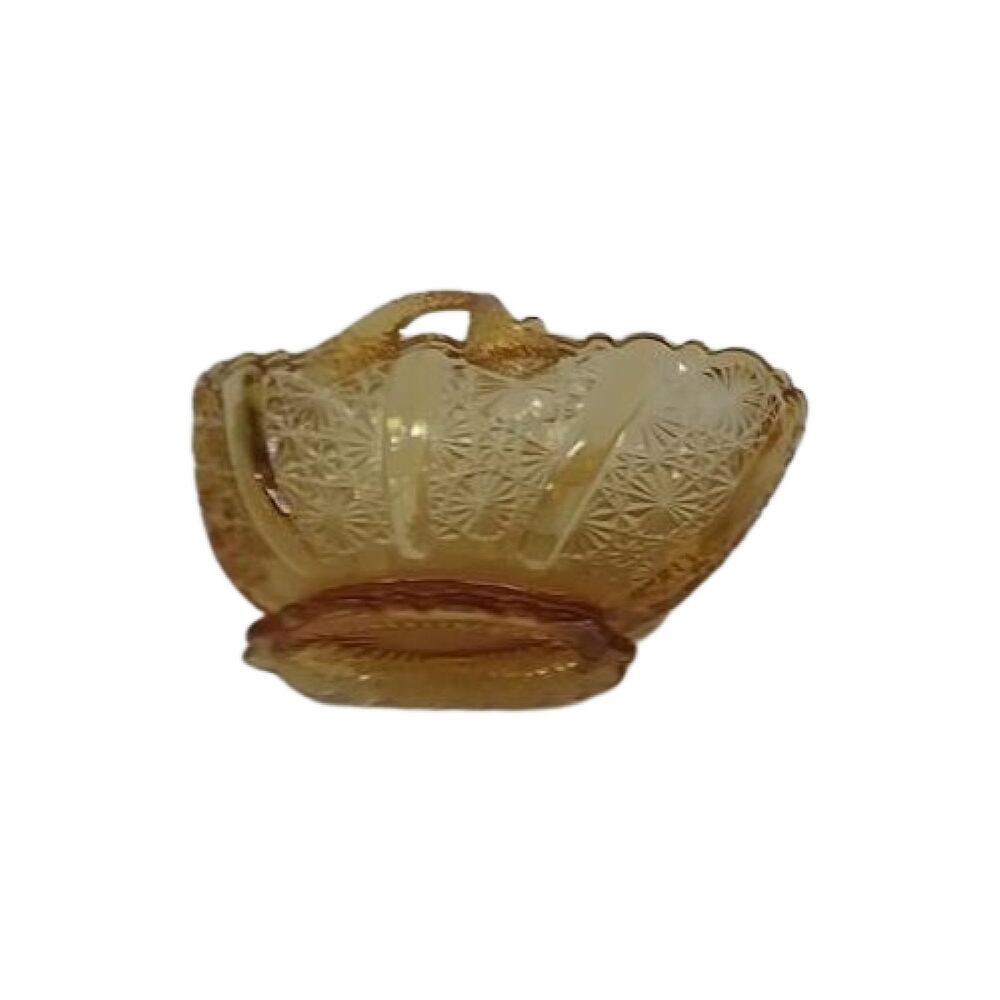 Amber Glass Basket Small Daisy Pattern Split Twig Handle Candy Dish - Picture 5 of 10